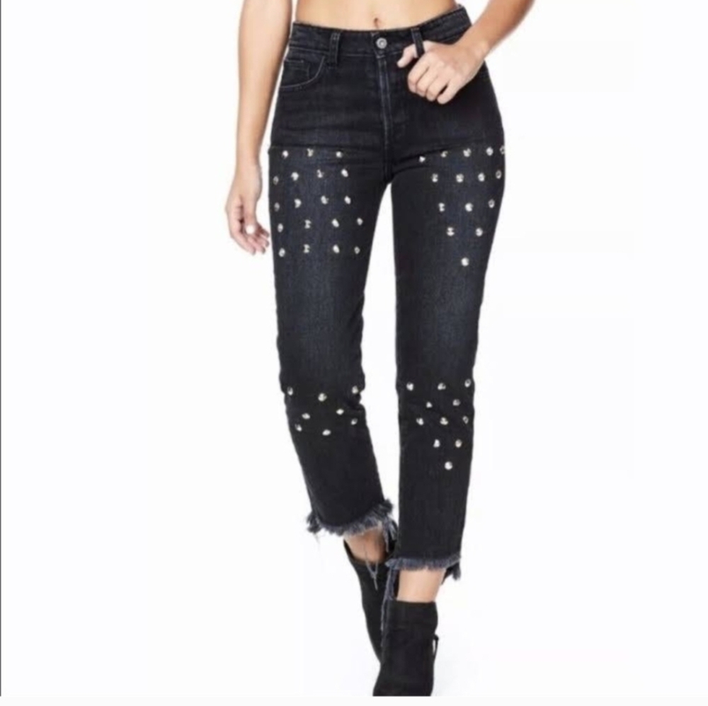 Carmar Black Studded Fringe Cropped Button Fly Jeans Size 25